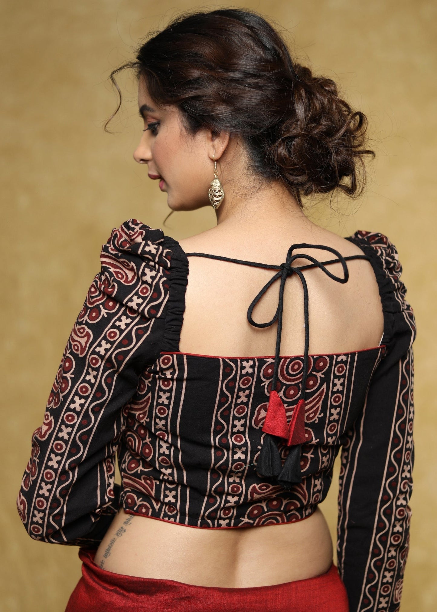 Stylist black Cotton Ajrakh blouse with gathered sleeves and lace detailing