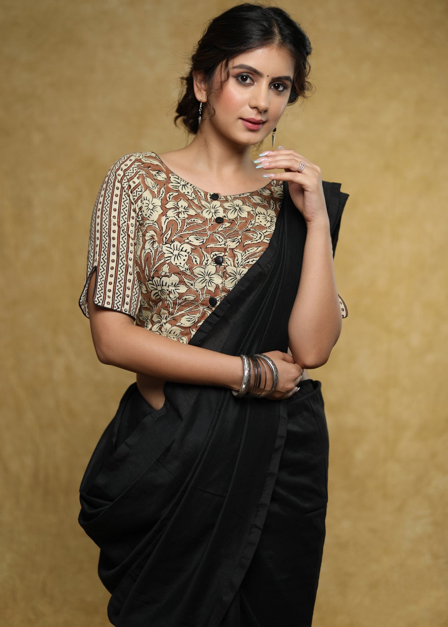 Elegant brown block print combination blouse with brown detailing