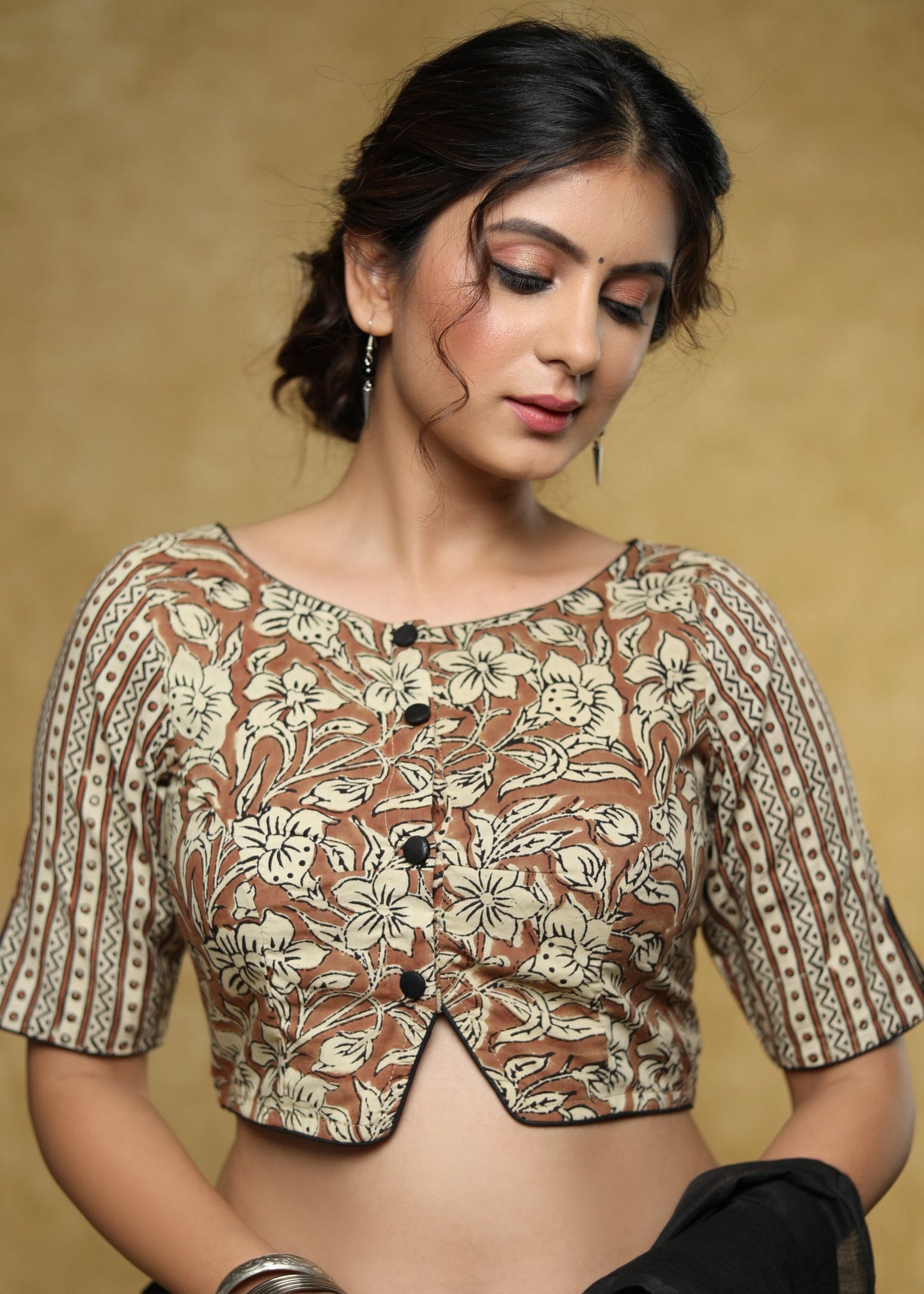 Elegant brown block print combination blouse with brown detailing