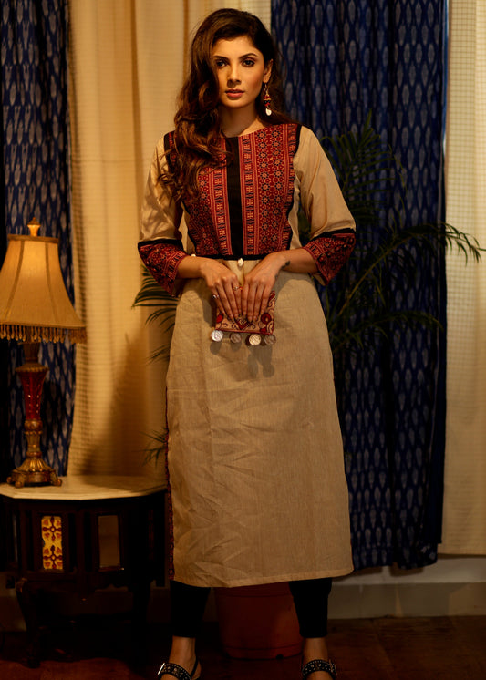 Straight Cut Cotton Handloom Kurta with Ajrakh  yoke and sleeves