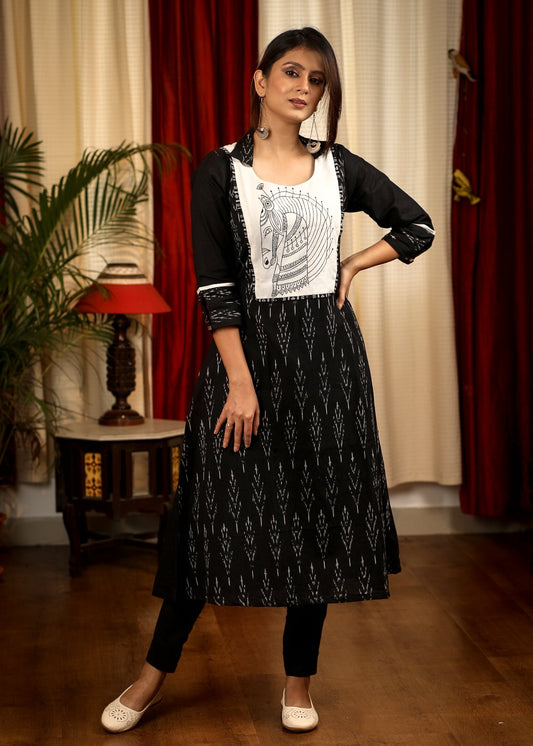 A-Line Black Cotton Ikat Kurta With Classy Hand Painted Horse  Motif