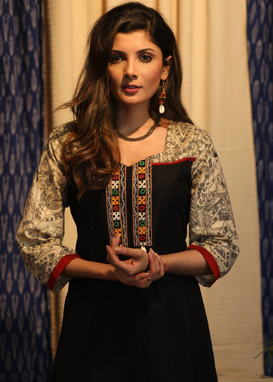 A-line Black cotton silk Kurta with Madhubani yoke, sleeves  and Kutch handwork