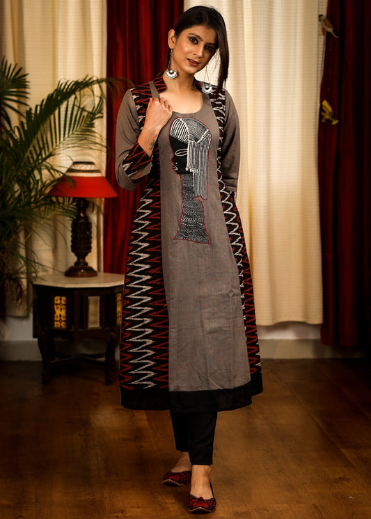 A-Line Black  & Grey Ikat Cotton Kurta With Unique embroidered Tribal  Motif