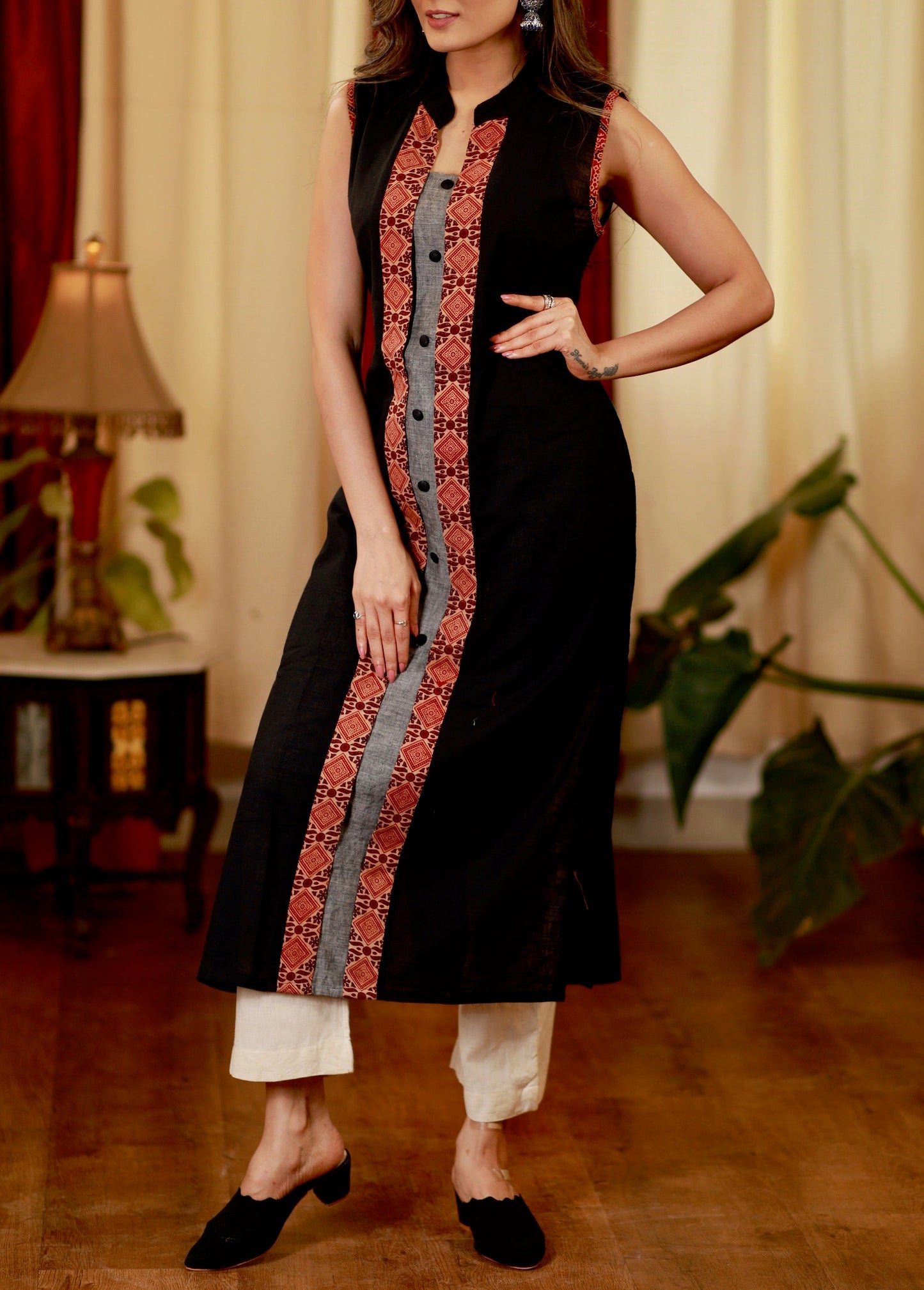 Straight Cut Cotton Handloom Kurta with Ajrakh Details and smart silhouette