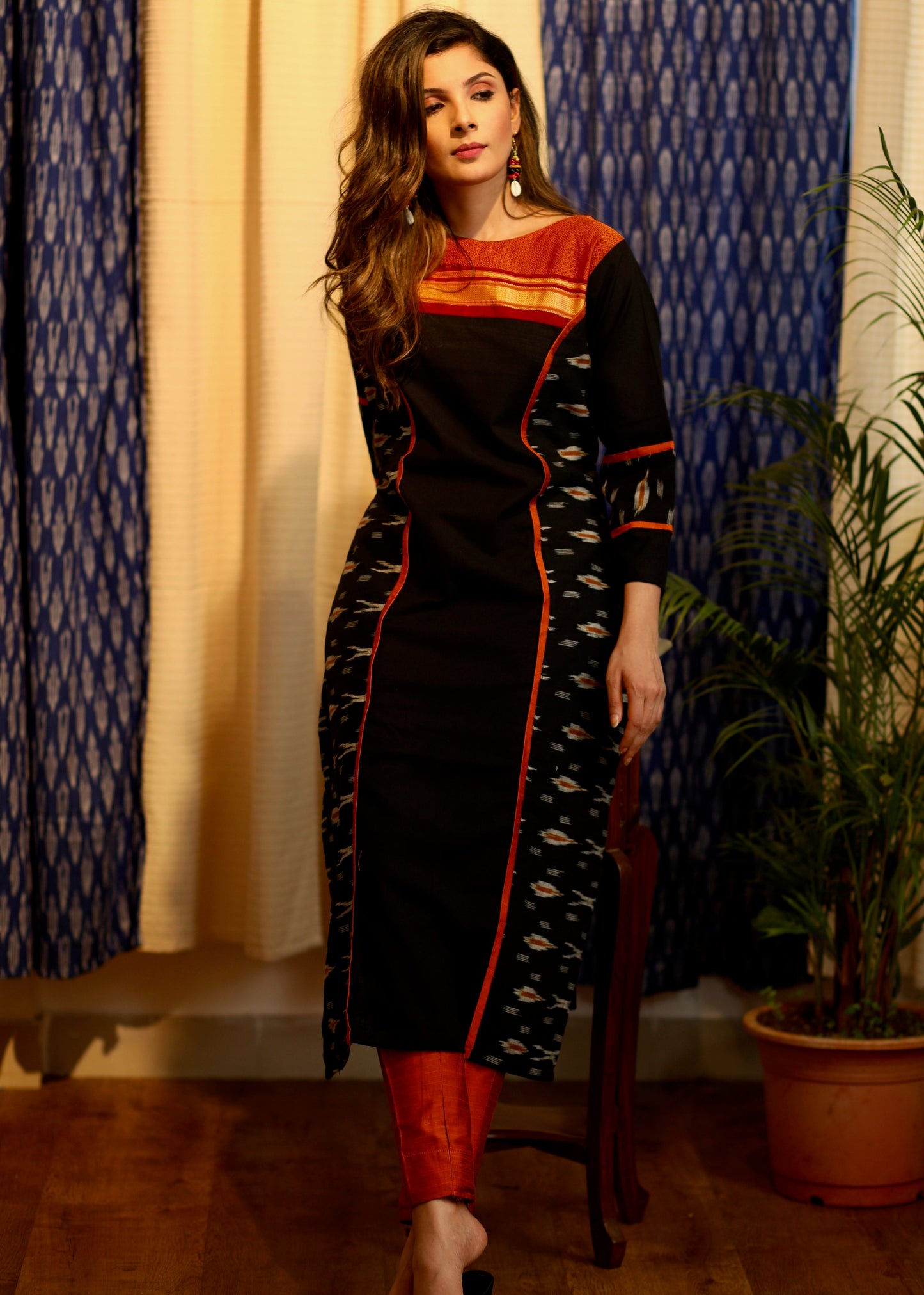 Straight Cut Black Handloom Cotton Kurta with Ikat and Khun Yoke