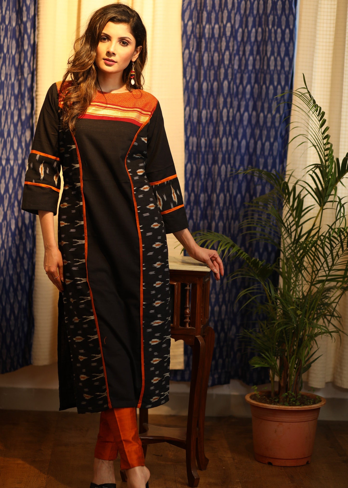 Straight Cut Black Handloom Cotton Kurta with Ikat and Khun Yoke