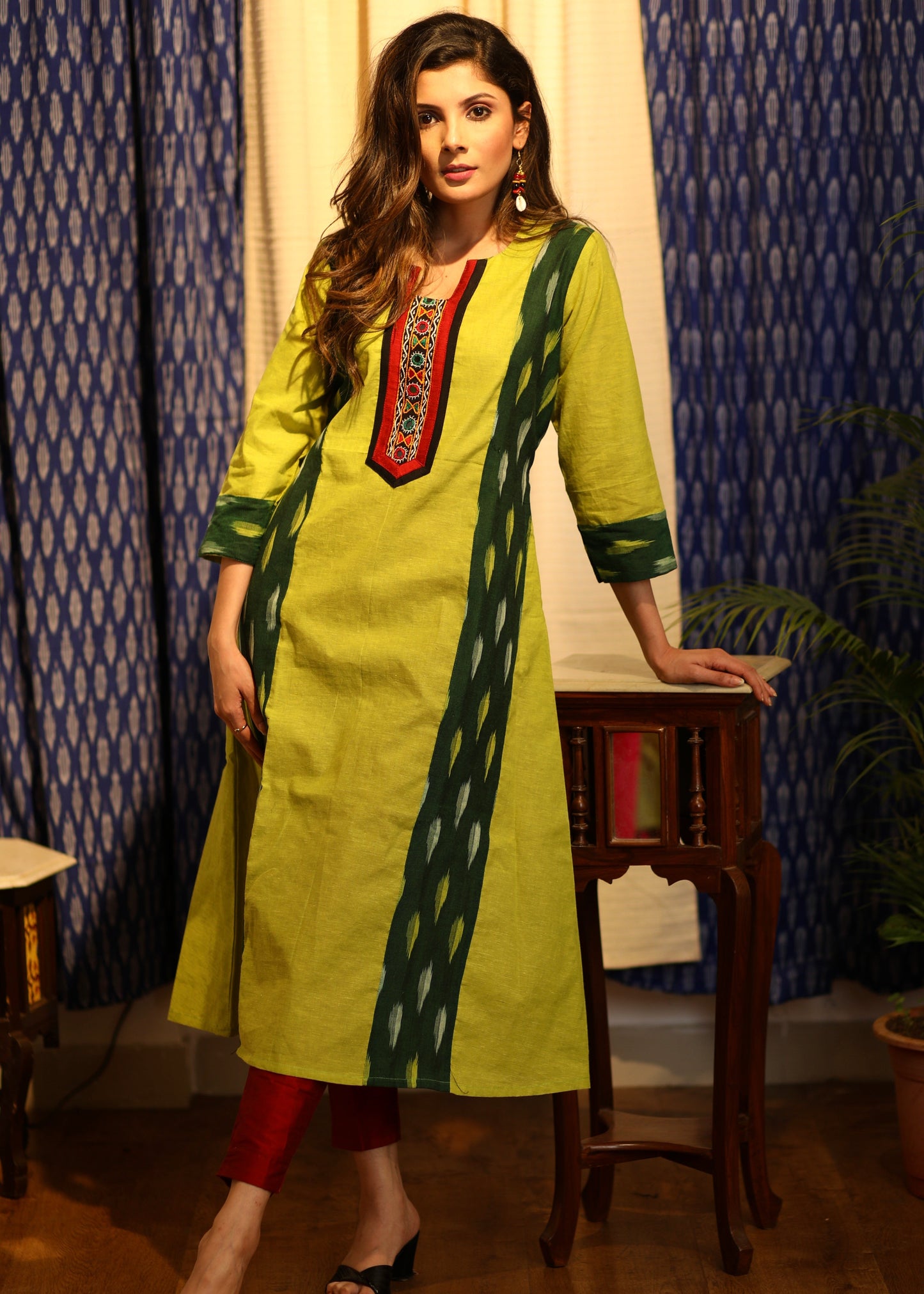 A-line Handloom Cotton Kurti with Ikat and Hand-made kutch mirror Embroidery