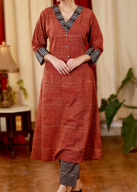 A  - line Cotton Ajrakh Kurta with Ikat Details