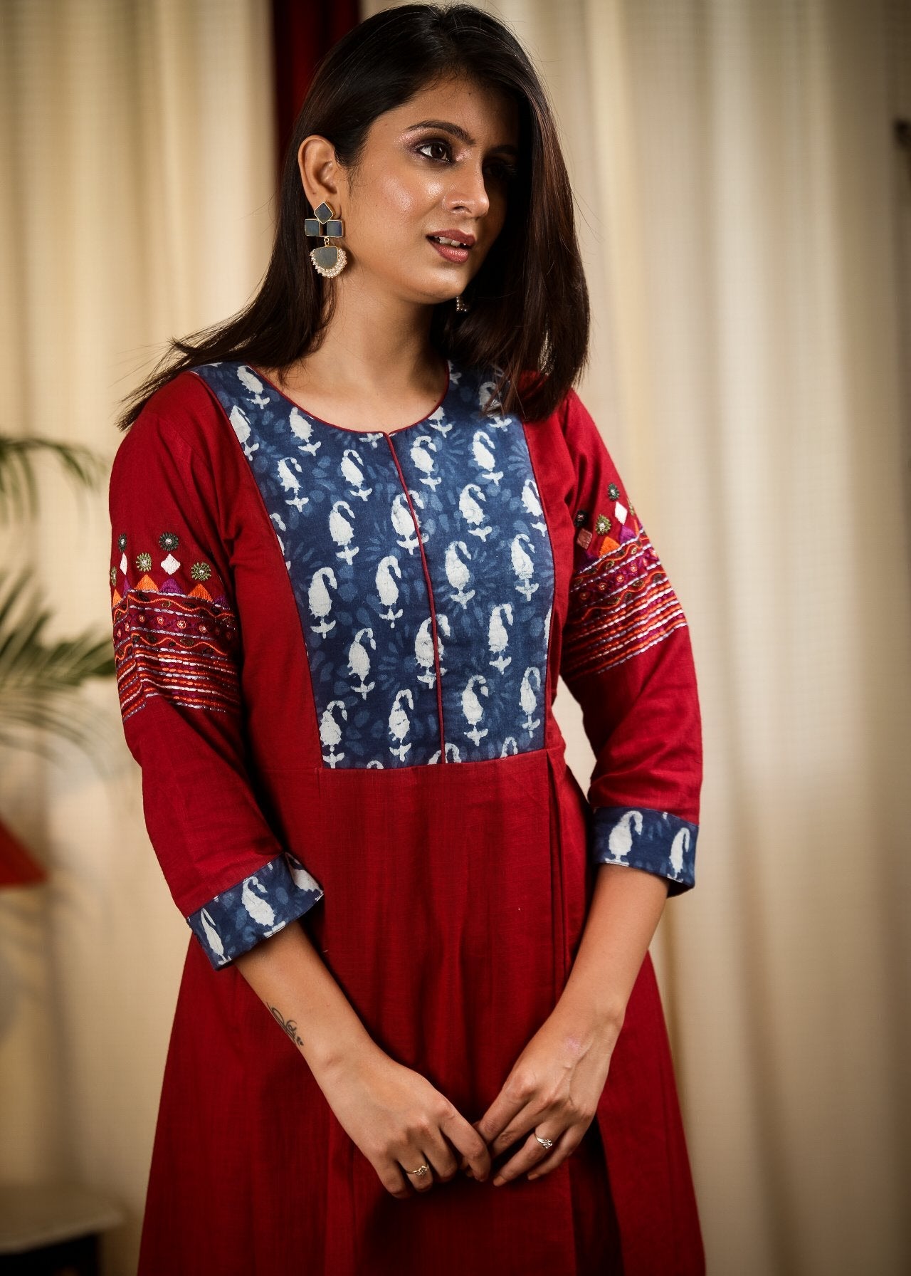 A Line Indigo & Maroon Kurta  / One Piece Dress with Smart Embroidery work on Sleeves