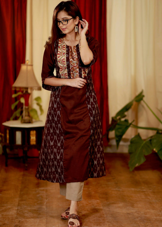 A -Line Cotton Silk Kurta with Handpainted Kalamkari  and Ikat Details