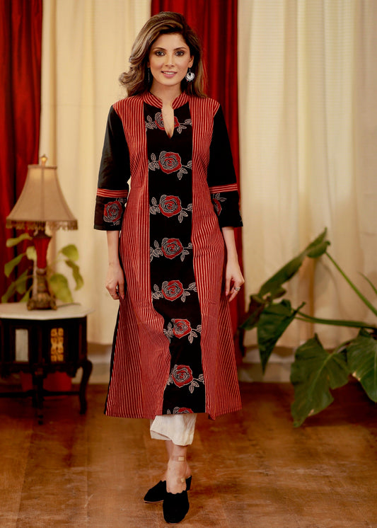 A  - line Cotton Ajrakh Kurta with Contrast Ajrakh panel