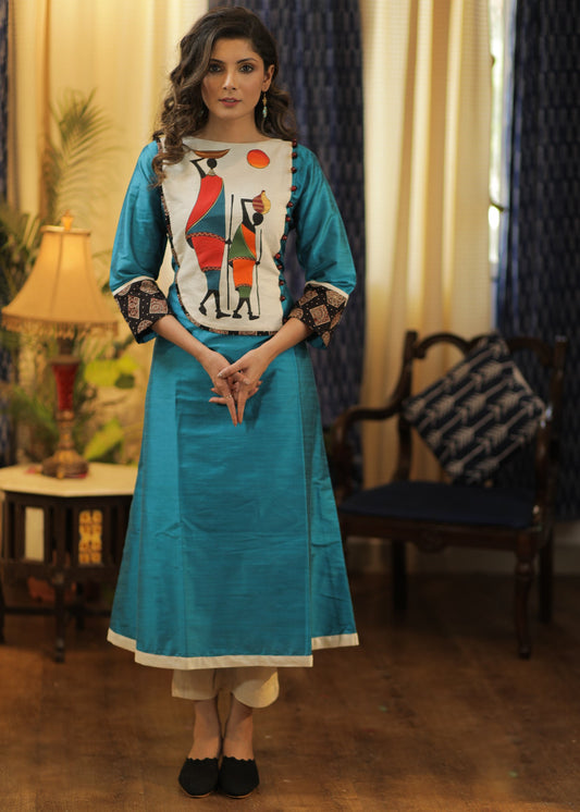 A-line Cotton silk Kurta with Exclusive Hand-painted Tribal Art