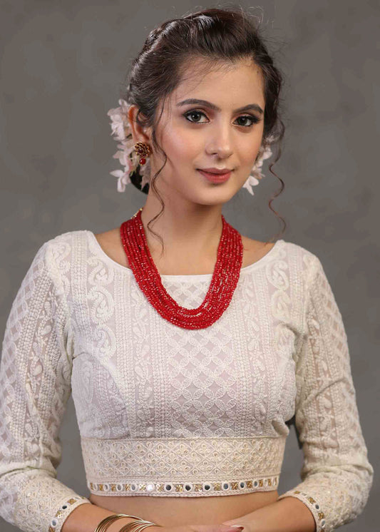 Trendy White Chikankari Blouse with Beautiful Laces on Hem and Sleeves