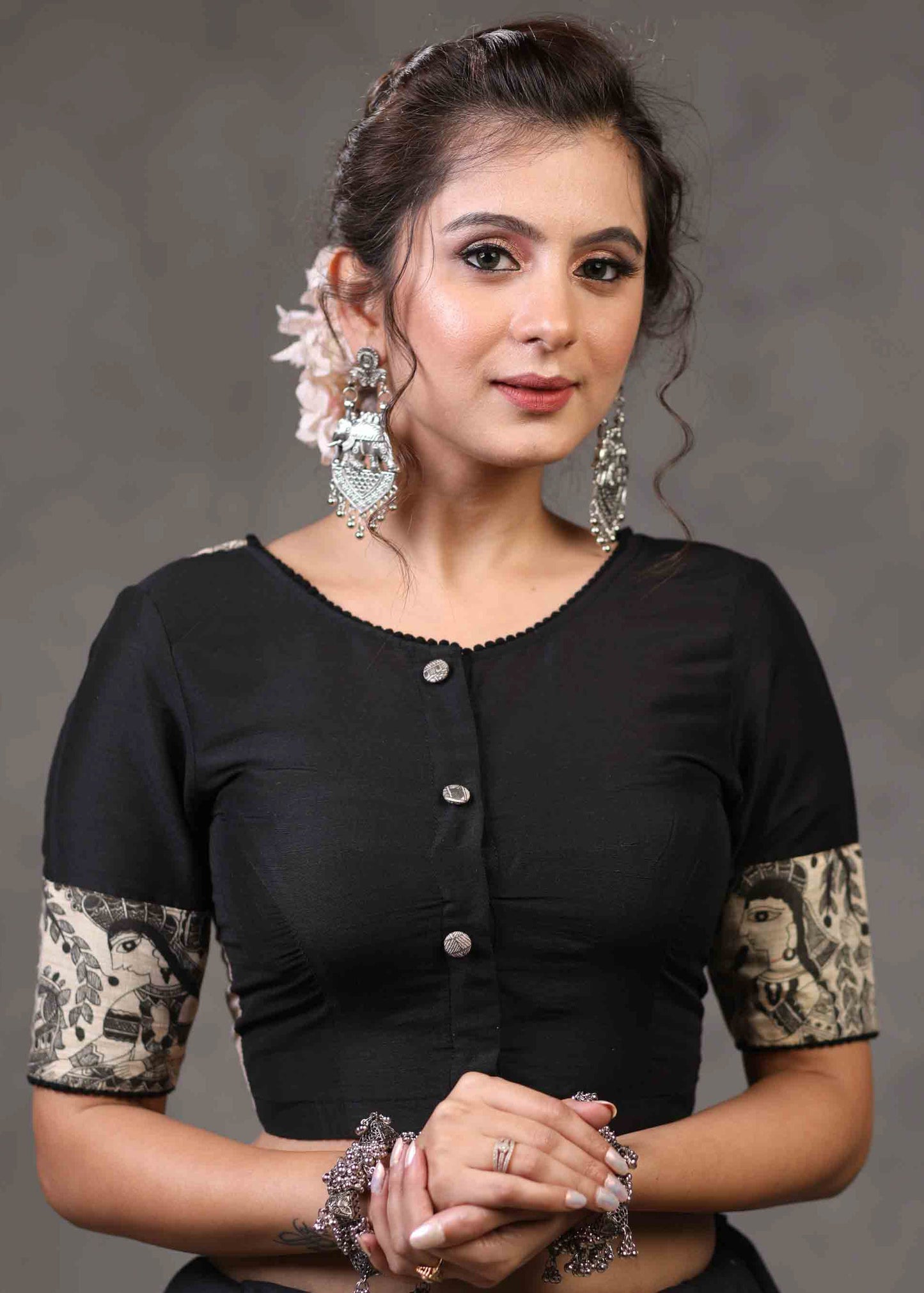 Beautiful Black Cotton Silk Blouse with Elegant Madhubani Patch on Back and Sleeves