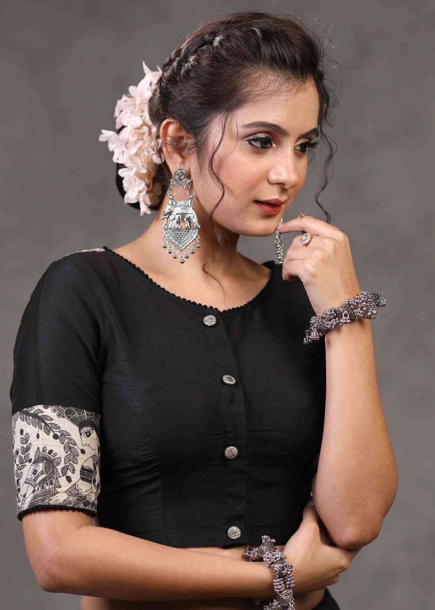 Beautiful Black Cotton Silk Blouse with Elegant Madhubani Patch on Back and Sleeves