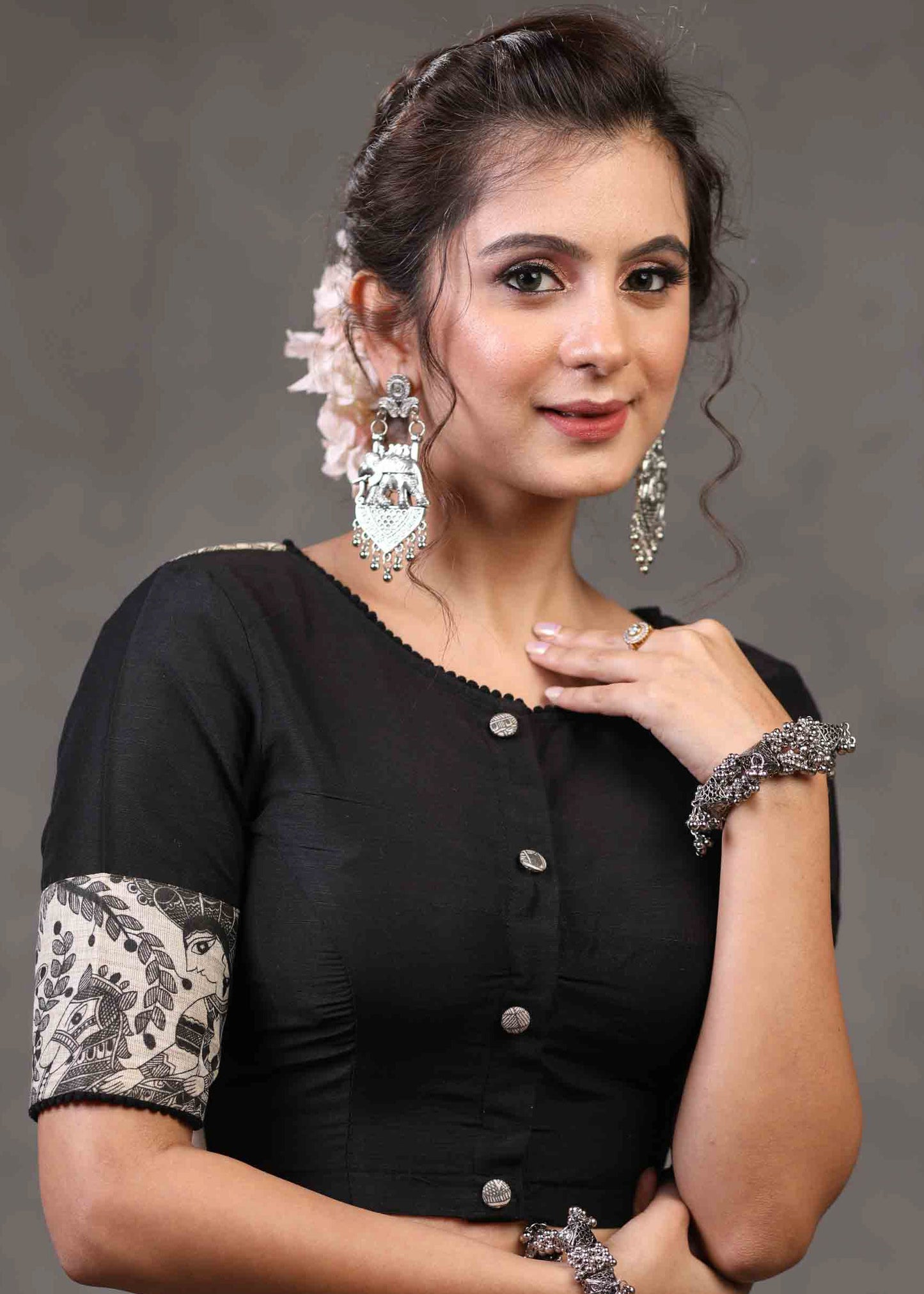 Beautiful Black Cotton Silk Blouse with Elegant Madhubani Patch on Back and Sleeves