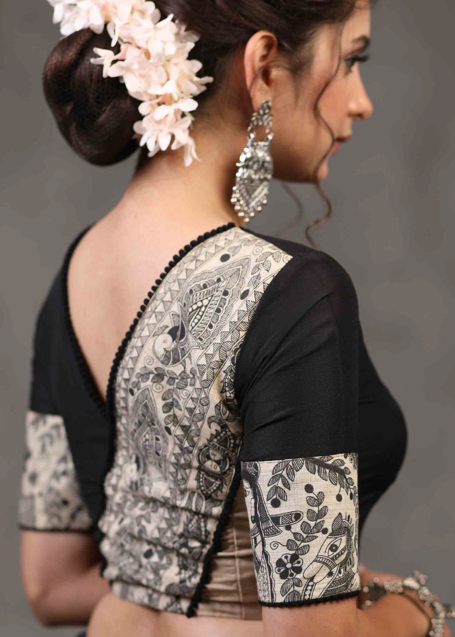 Beautiful Black Cotton Silk Blouse with Elegant Madhubani Patch on Back and Sleeves