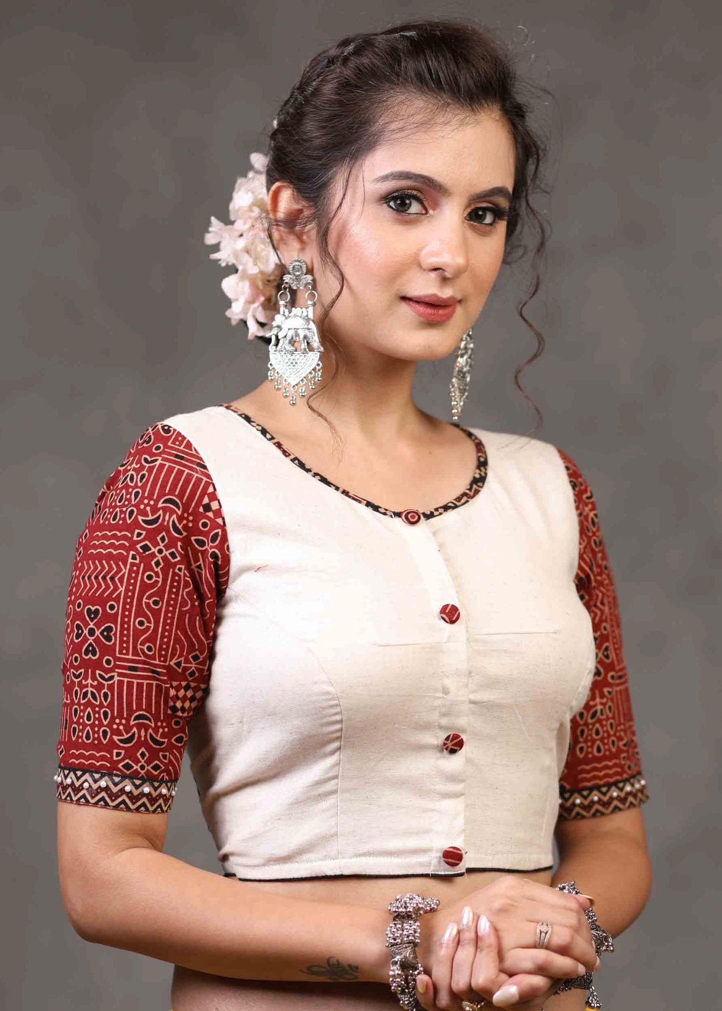 Exclusive Off White Cotton Ajrakh Combination Blouse with Patchwork on Back