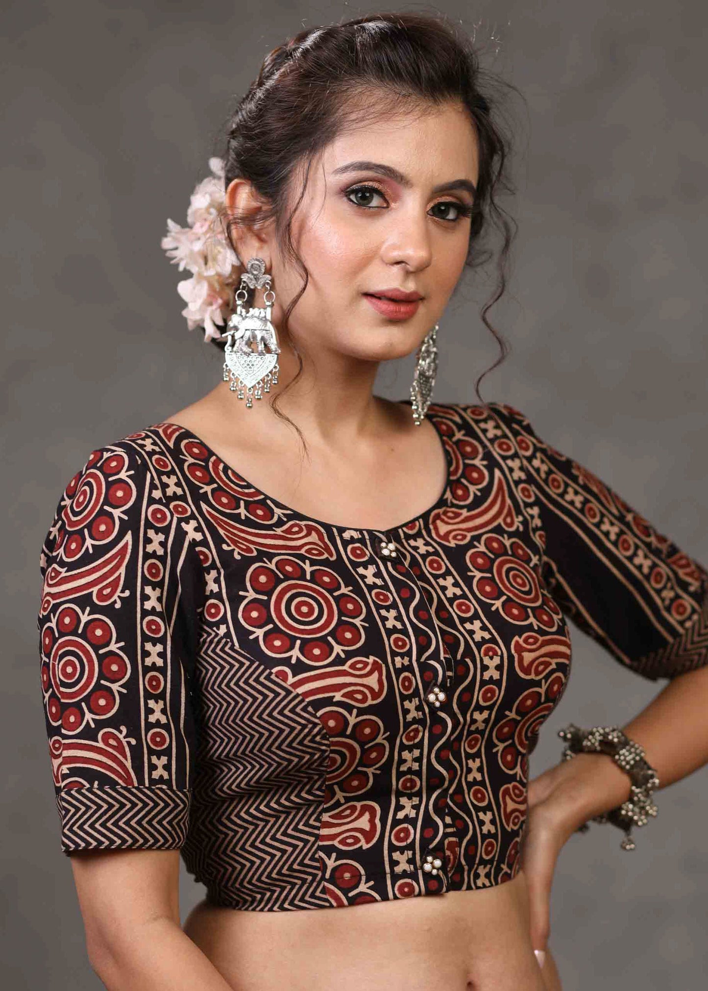 Exclusive Black Floral Ajrakh and Stripe Combination Blouse