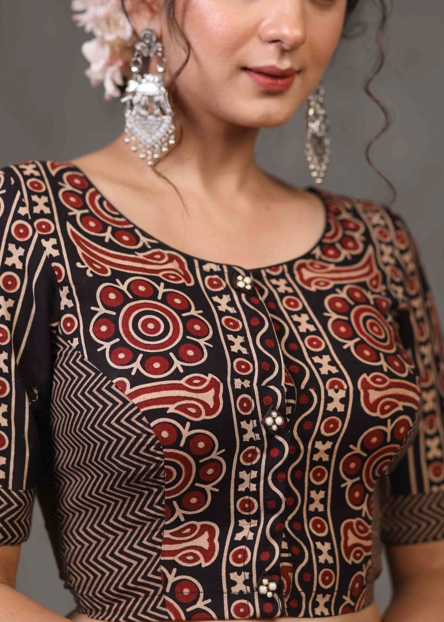 Exclusive Black Floral Ajrakh and Stripe Combination Blouse