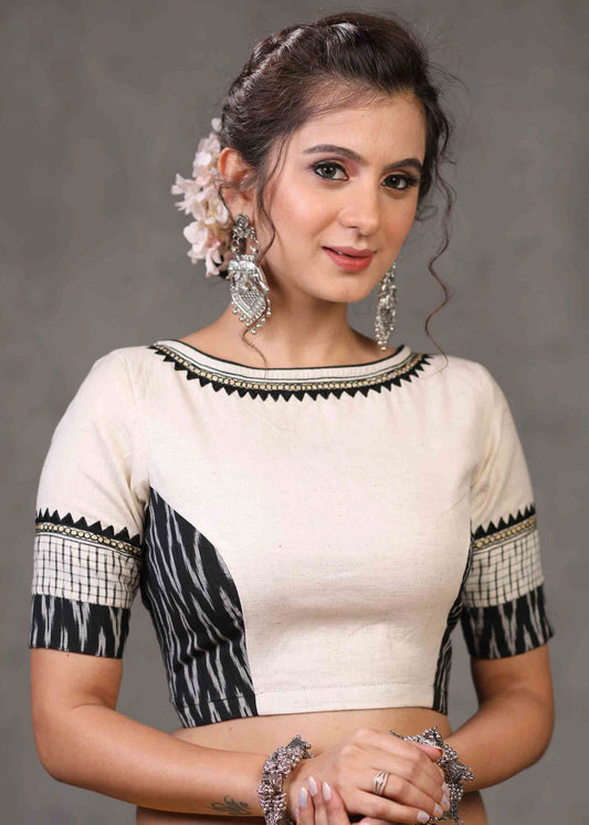 Standout Off White Cotton with Ikat Combination Blouse with Beautiful Tribal Embroidery and Fisheye Keyhole on The Back