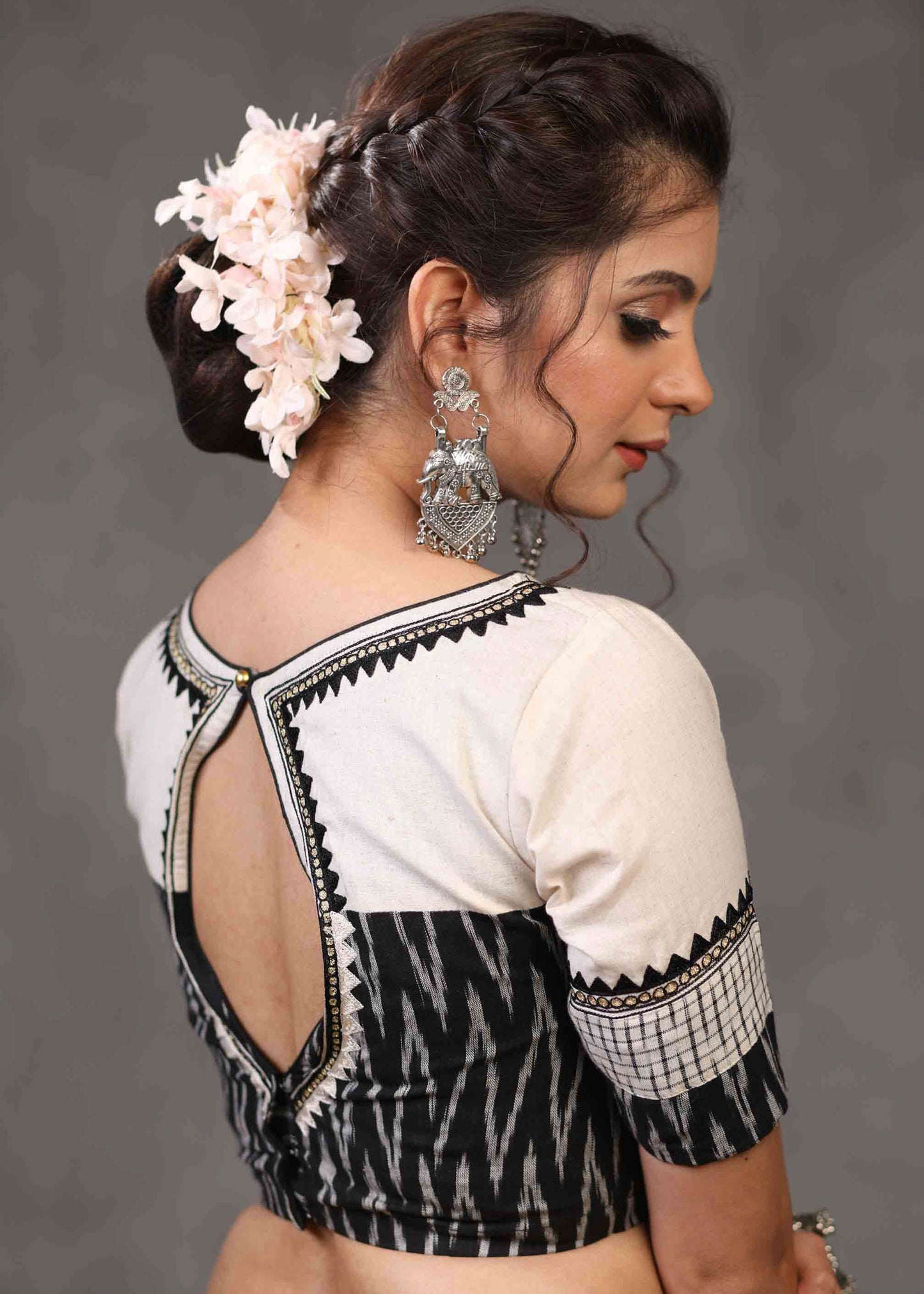 Standout Off White Cotton with Ikat Combination Blouse with Beautiful Tribal Embroidery and Fisheye Keyhole on The Back