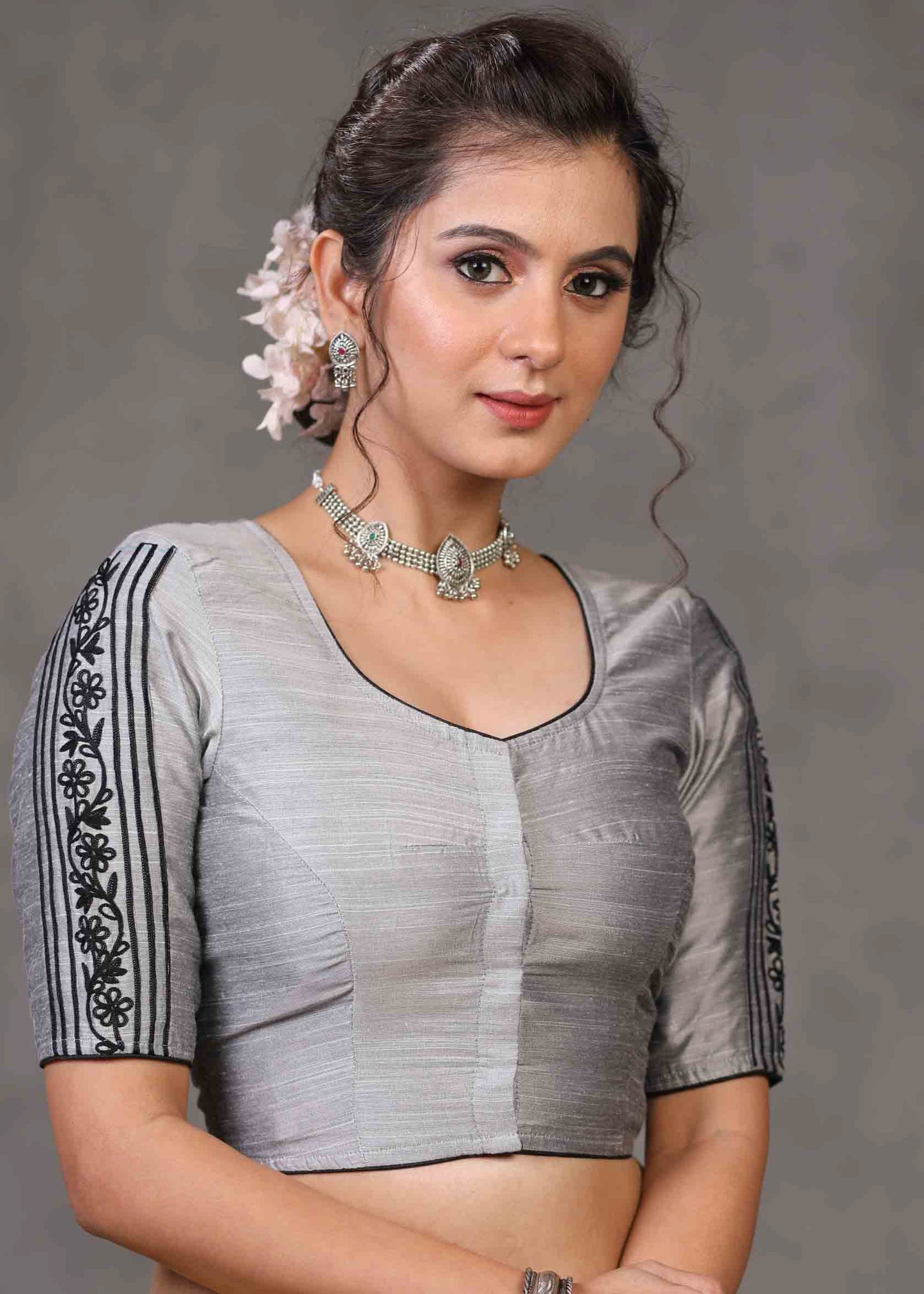 Classy Grey Cotton Silk Blouse with Beautiful Embroidery on Back and Sleeves