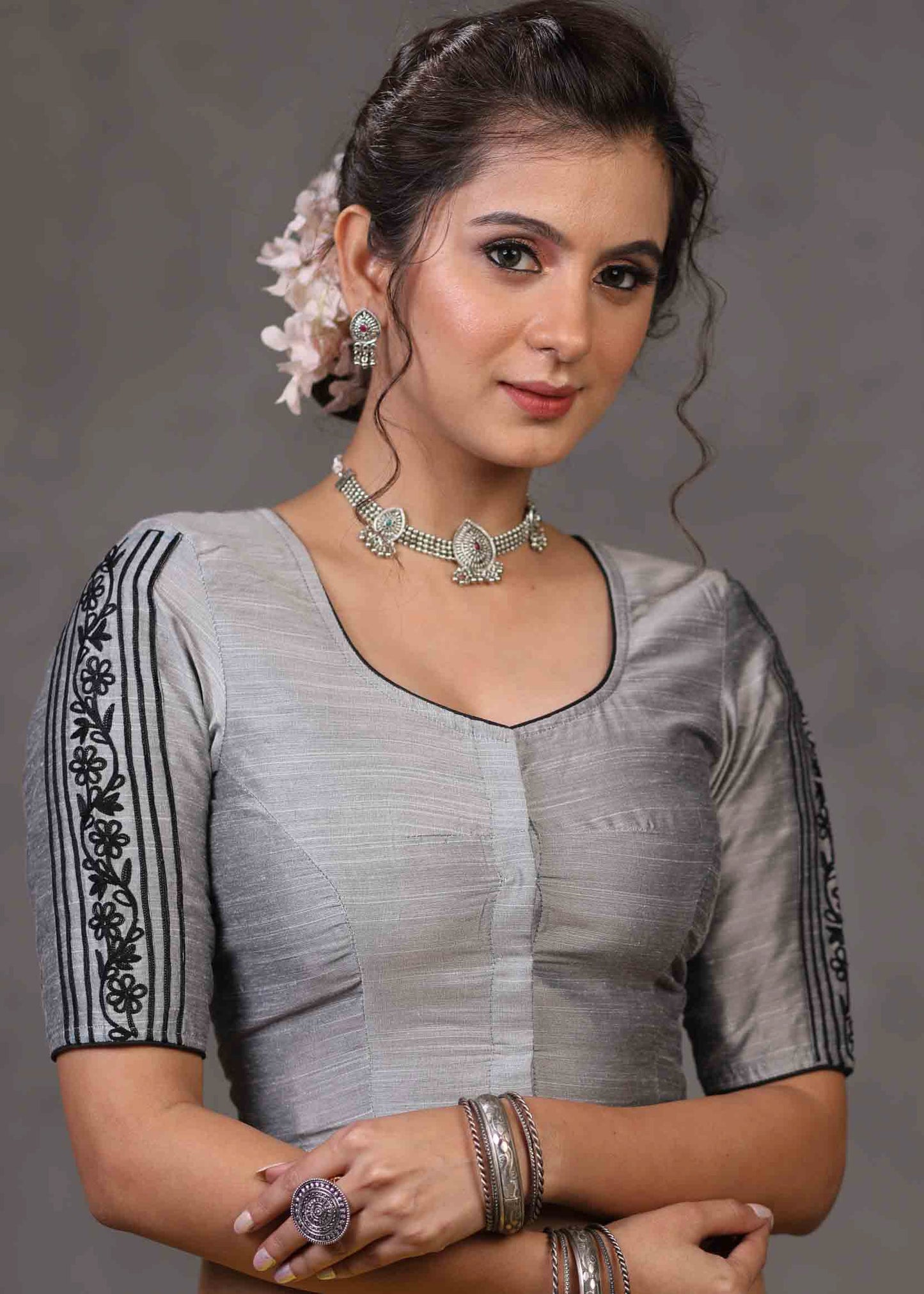 Classy Grey Cotton Silk Blouse with Beautiful Embroidery on Back and Sleeves