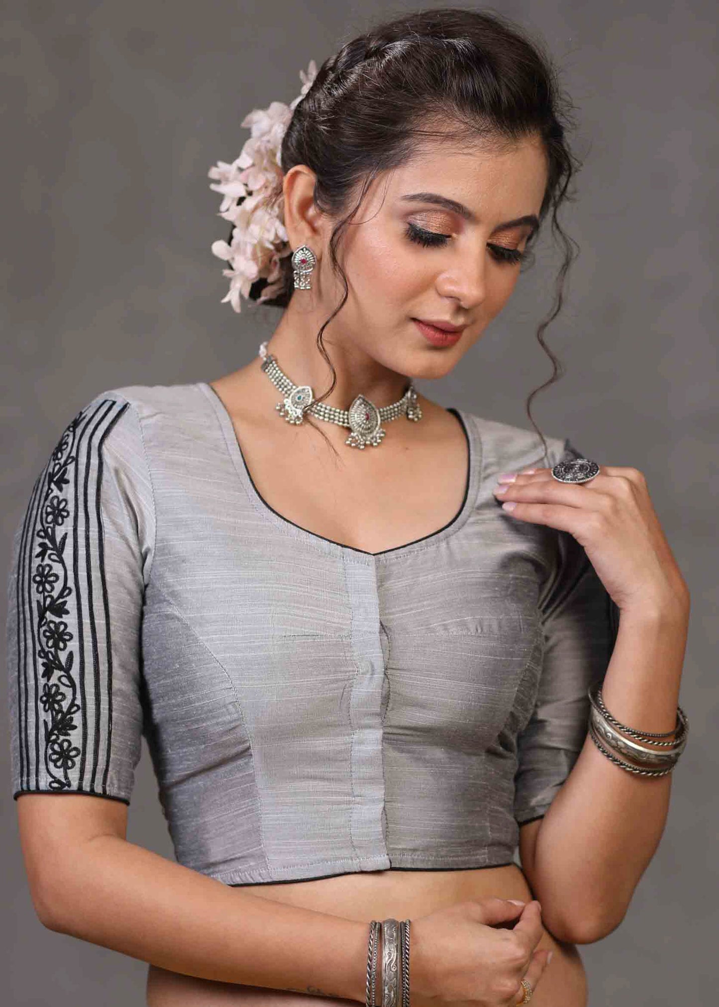 Classy Grey Cotton Silk Blouse with Beautiful Embroidery on Back and Sleeves