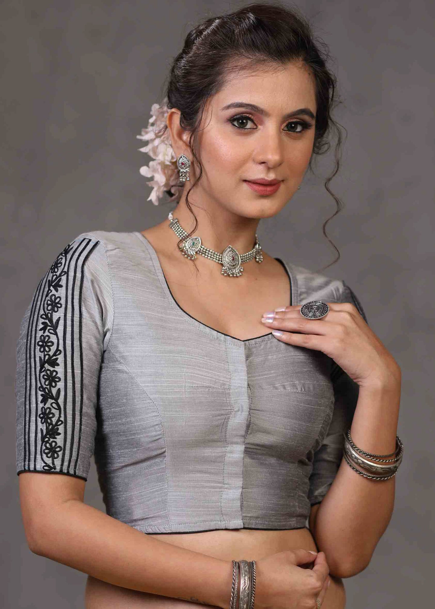 Classy Grey Cotton Silk Blouse with Beautiful Embroidery on Back and Sleeves