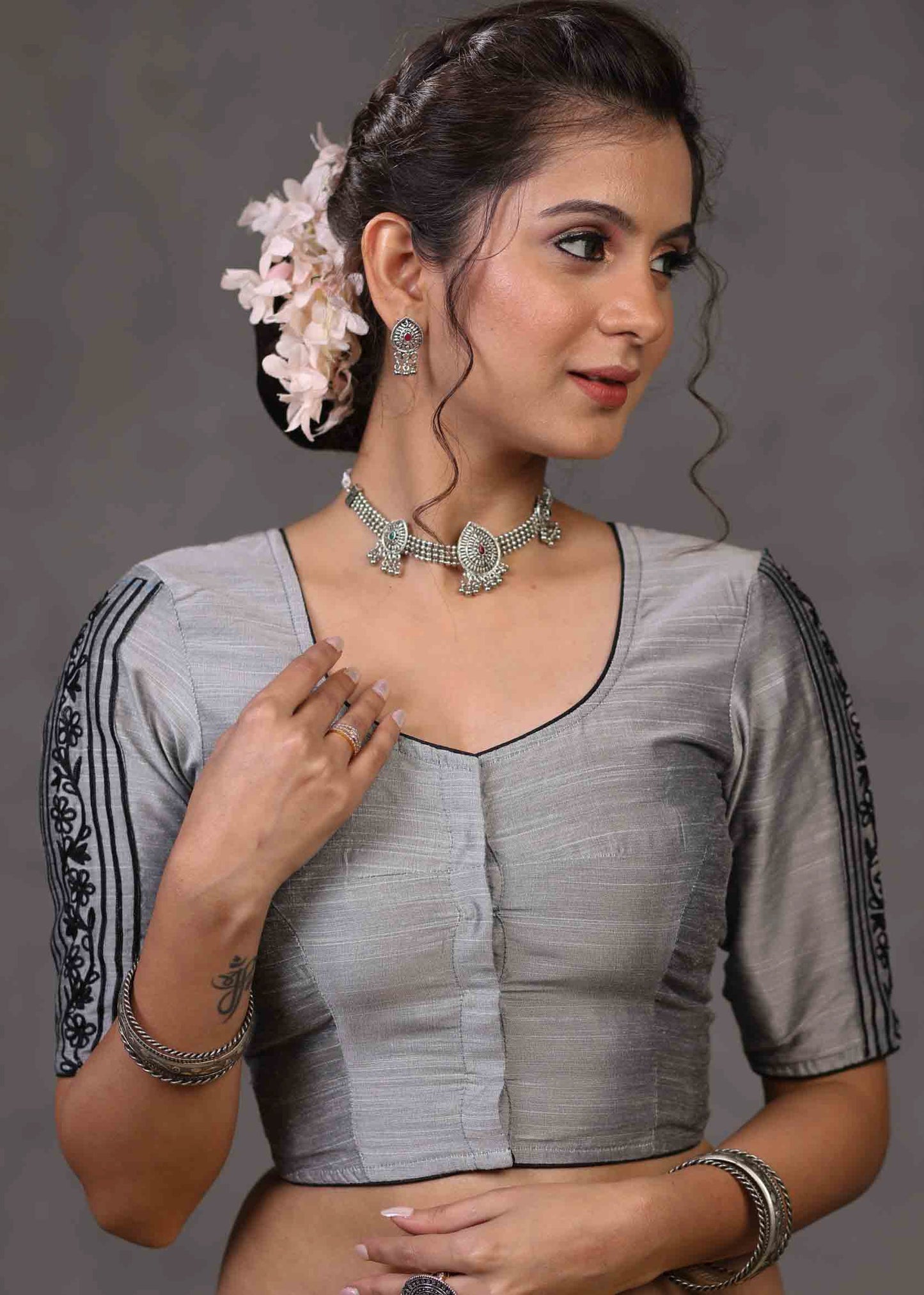 Classy Grey Cotton Silk Blouse with Beautiful Embroidery on Back and Sleeves