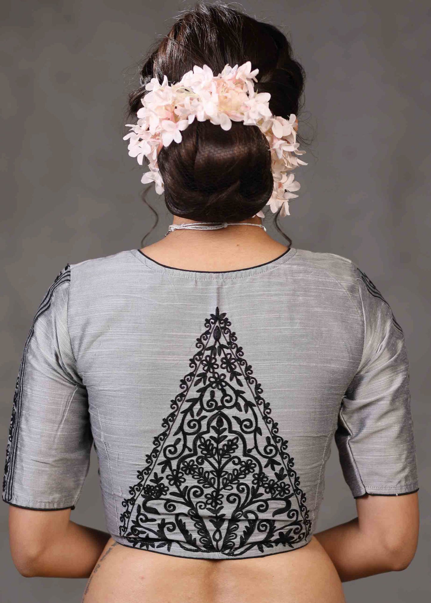 Classy Grey Cotton Silk Blouse with Beautiful Embroidery on Back and Sleeves