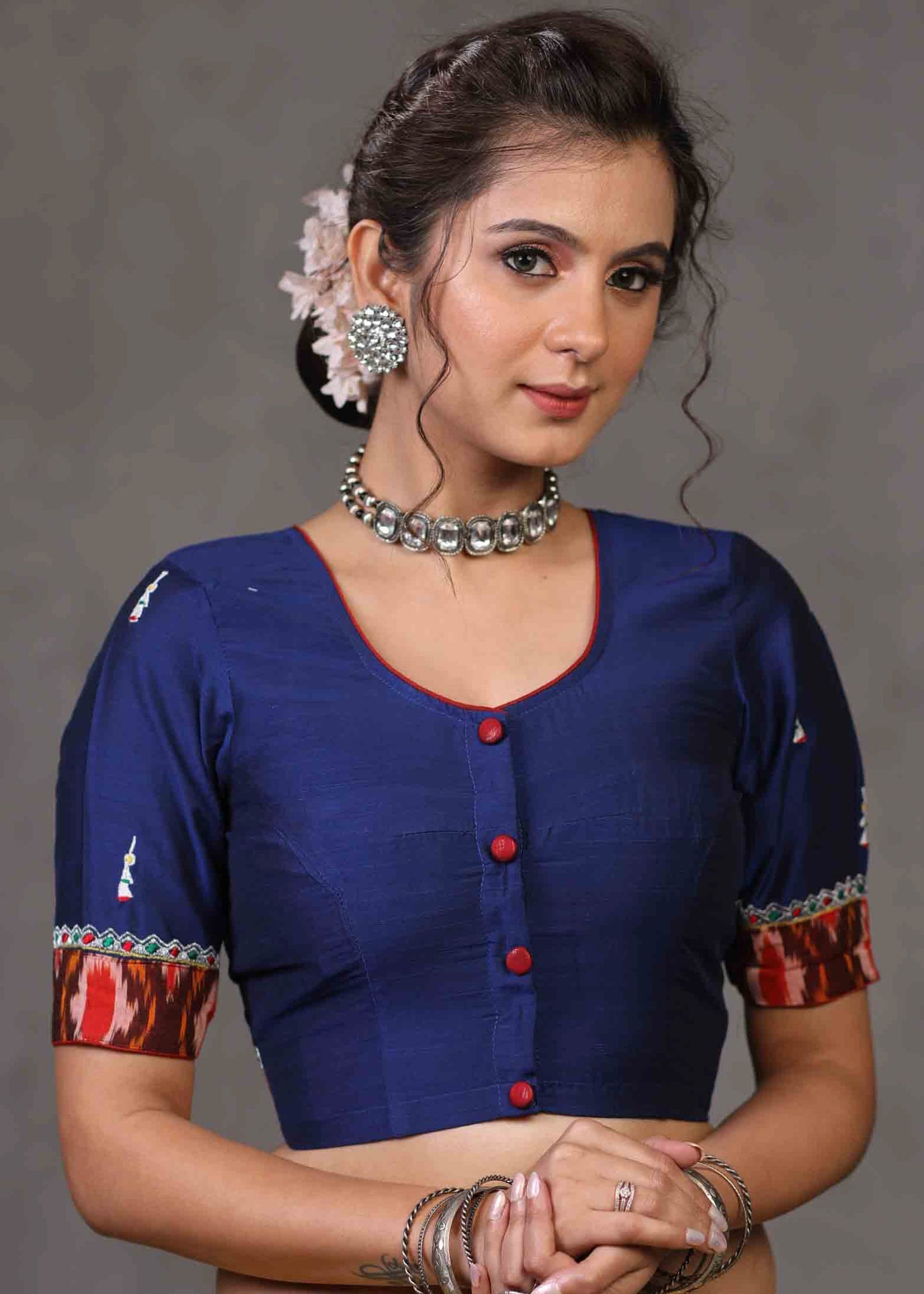 Exclusive Royal Blue Kala Ghoda Embroidered Blouse with Ikat Combination