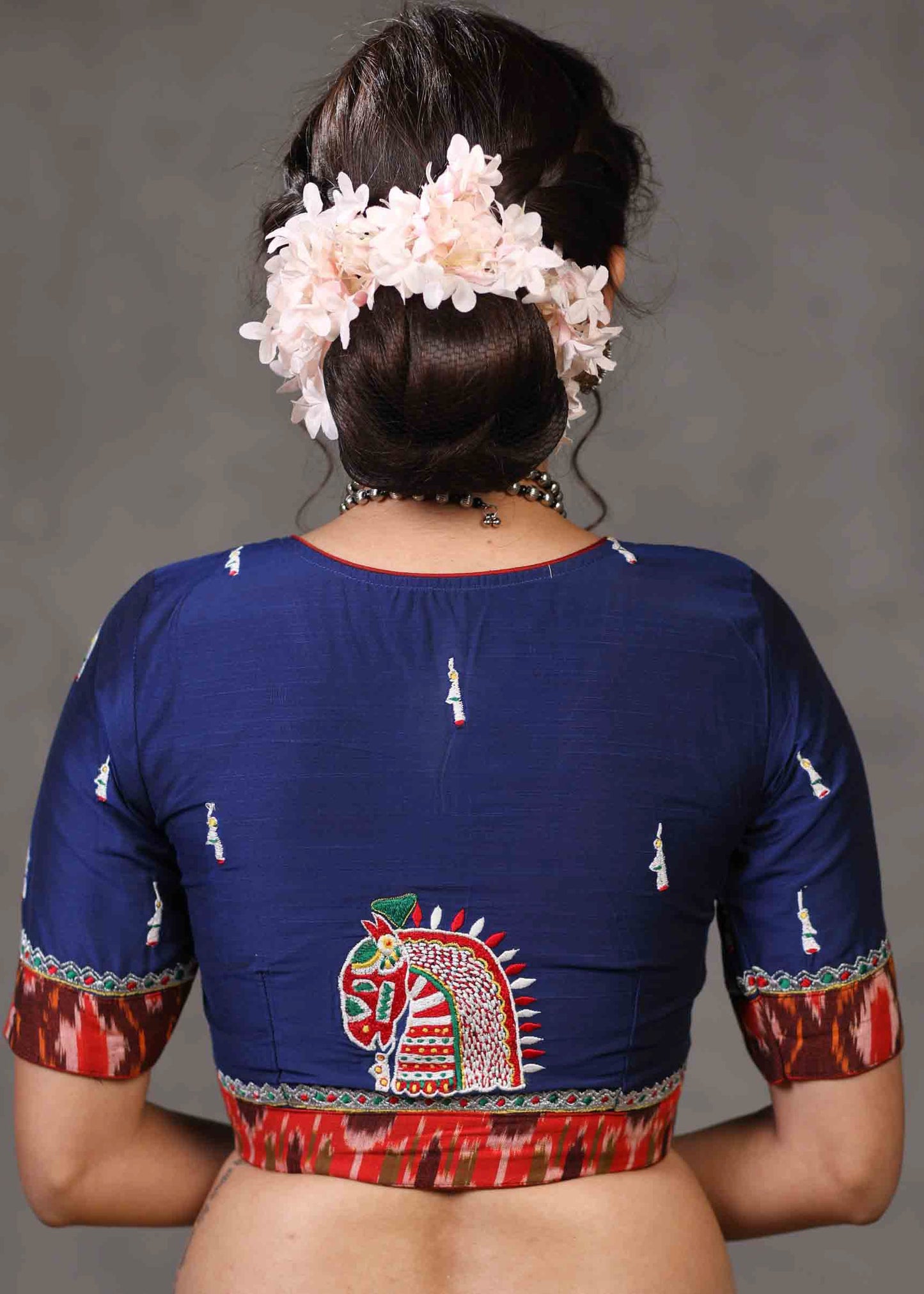 Exclusive Royal Blue Kala Ghoda Embroidered Blouse with Ikat Combination