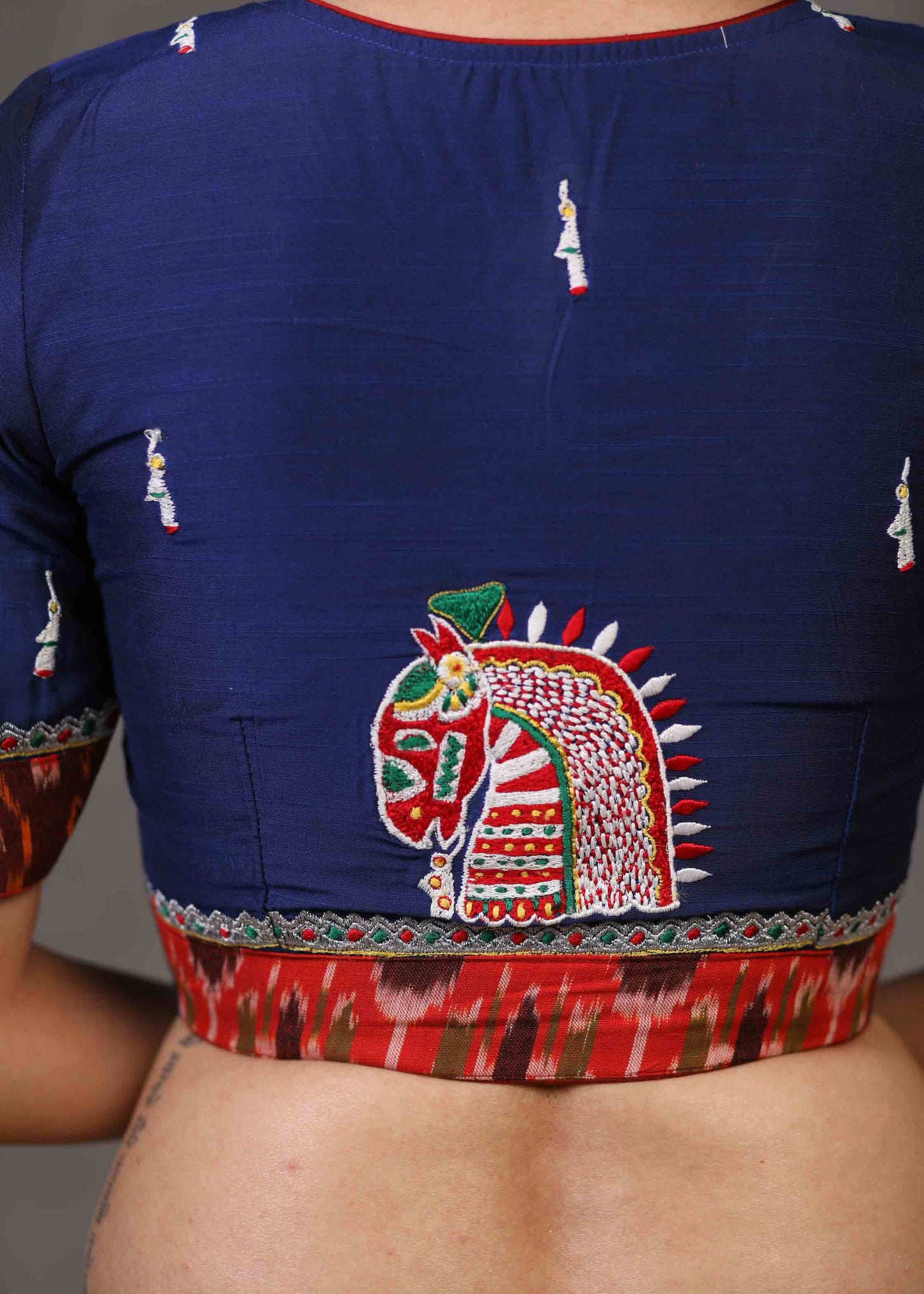 Exclusive Royal Blue Kala Ghoda Embroidered Blouse with Ikat Combination