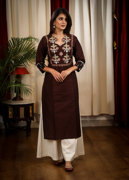 Straight Cut Coffee Brown Cotton Silk Kurta with Elegant Embroidery work