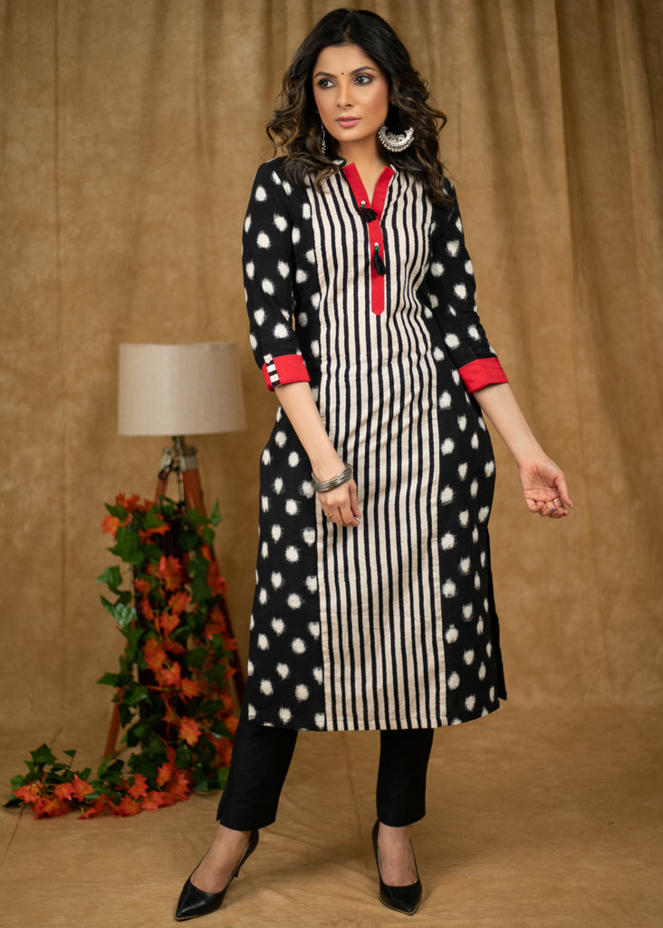 Stylish Polka Dot Ikat and Line Ajrakh Straight cut Kurta with red detaling