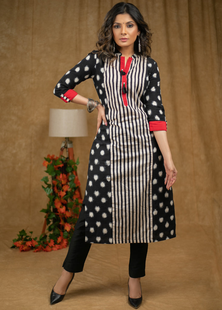 Stylish Polka Dot Ikat and Line Ajrakh Straight cut Kurta with red detaling