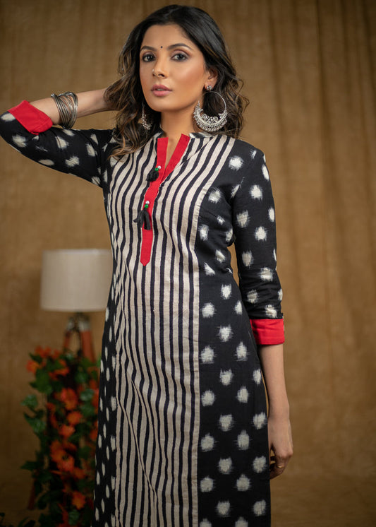 Stylish Polka Dot Ikat and Line Ajrakh Straight cut Kurta with red detaling