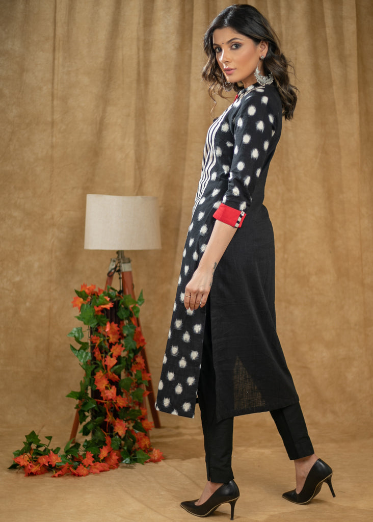 Stylish Polka Dot Ikat and Line Ajrakh Straight cut Kurta with red detaling