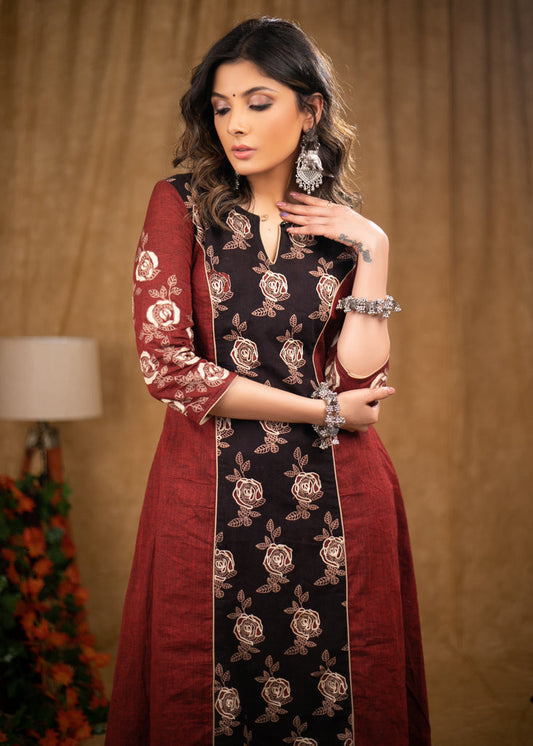 Gorgeous Rose floral cotton Ajrakh A line kurta with matching embroidery on sleeves & front.