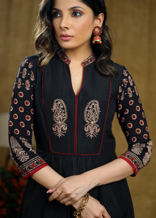 Exclusive Black cotton kurta with Ajrakh sleeves & Ambi embroidery on yoke.