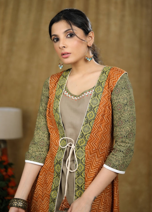 Beige Cotton Kurta with hand painting on neckline with Rust & Green Printed Jacket (2 Piece) - Pant Optional