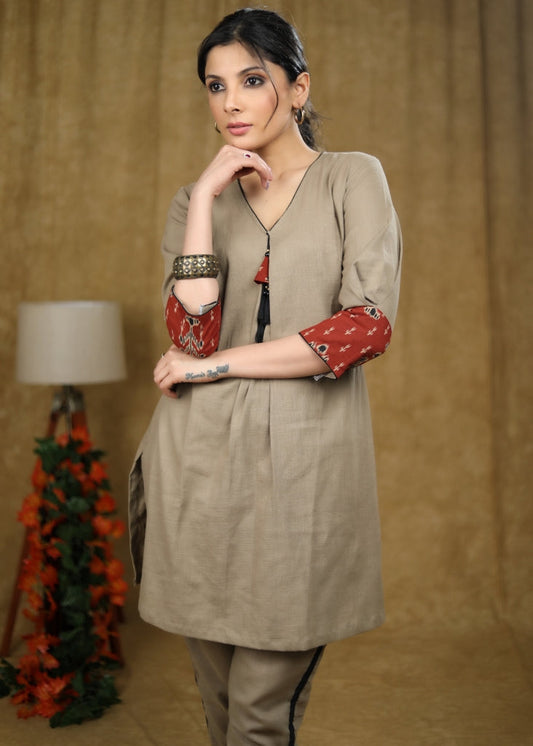 Trendy Beige cotton short kurta & pant co-ord set with contrast detaling - Pant Optional