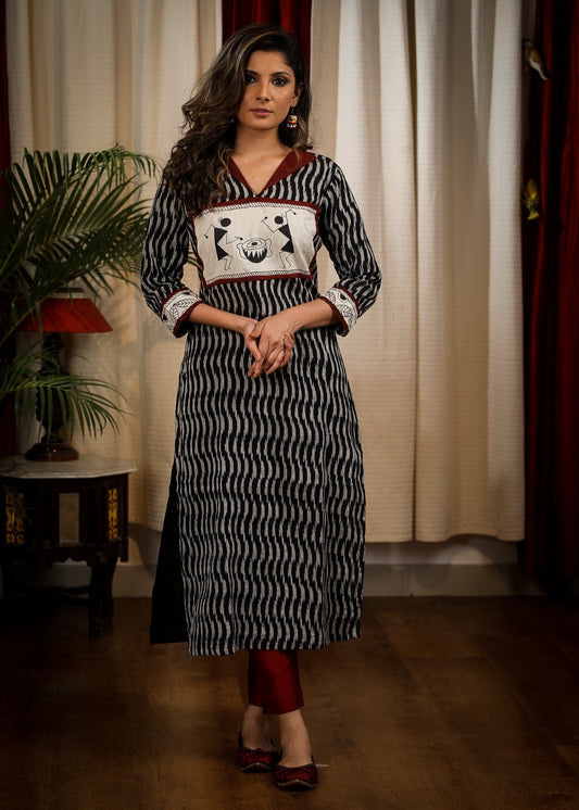 Straight Cut Cotton Ikat Kurta With Beautiful Handpainted Warli Work