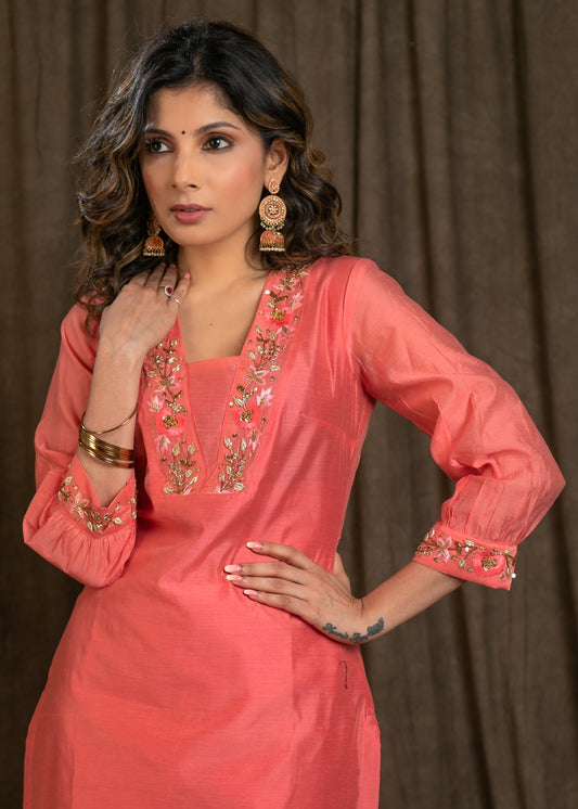 Gorgeous Peach Chanderi Kurta with Zardosi Work On Neckline and Sleeves with Lining - Pant Optional