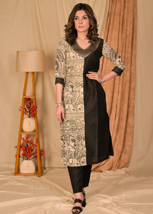 Exclusive Black Cotton Silk and Madhubani Print Combination Kurta with Hand Embroidery on Neckline and Sleeves - Pant Optional