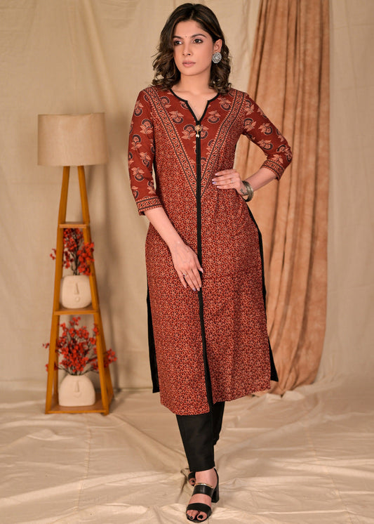 Classy Cotton Ajrakh Combination Kurta with V Shaped Yoke and Black Detailing - Pant Optional