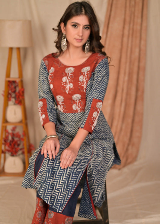 Beautiful Zig Zag Cotton Indigo and Ajrakh Combination Kurta with Hand Embroidered Yoke and Sleeves - Pant Optional