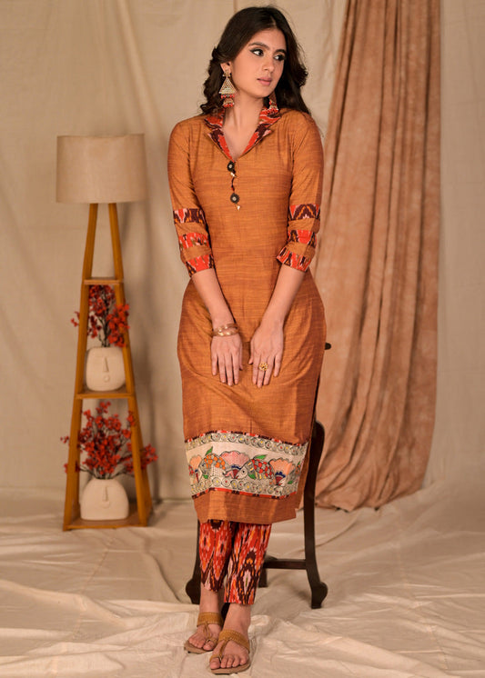 Elegant Pure Cotton Hand painted Madhubani Kurta - Ikat Pant Optional